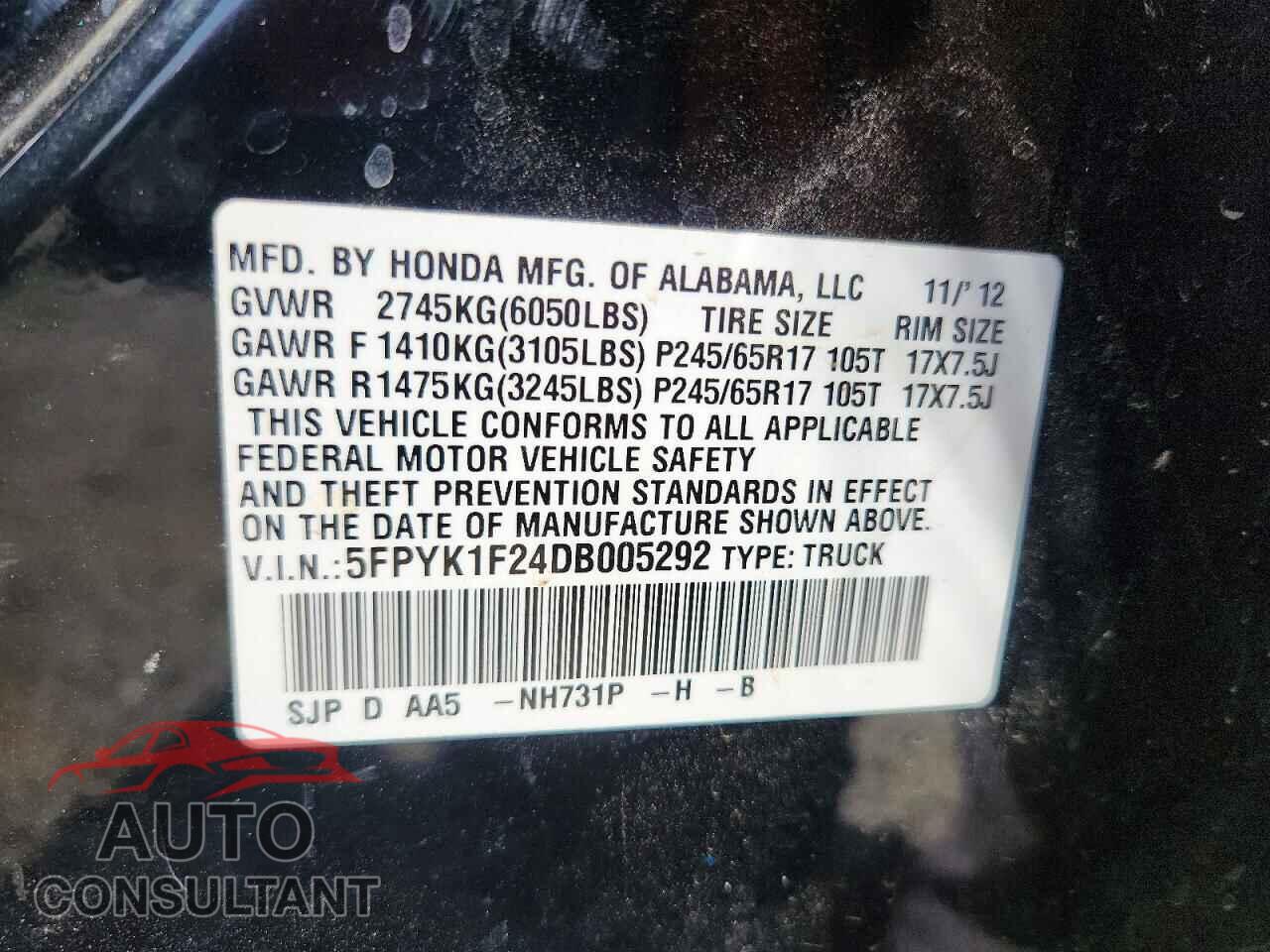 HONDA RIDGELINE 2013 - 5FPYK1F24DB005292