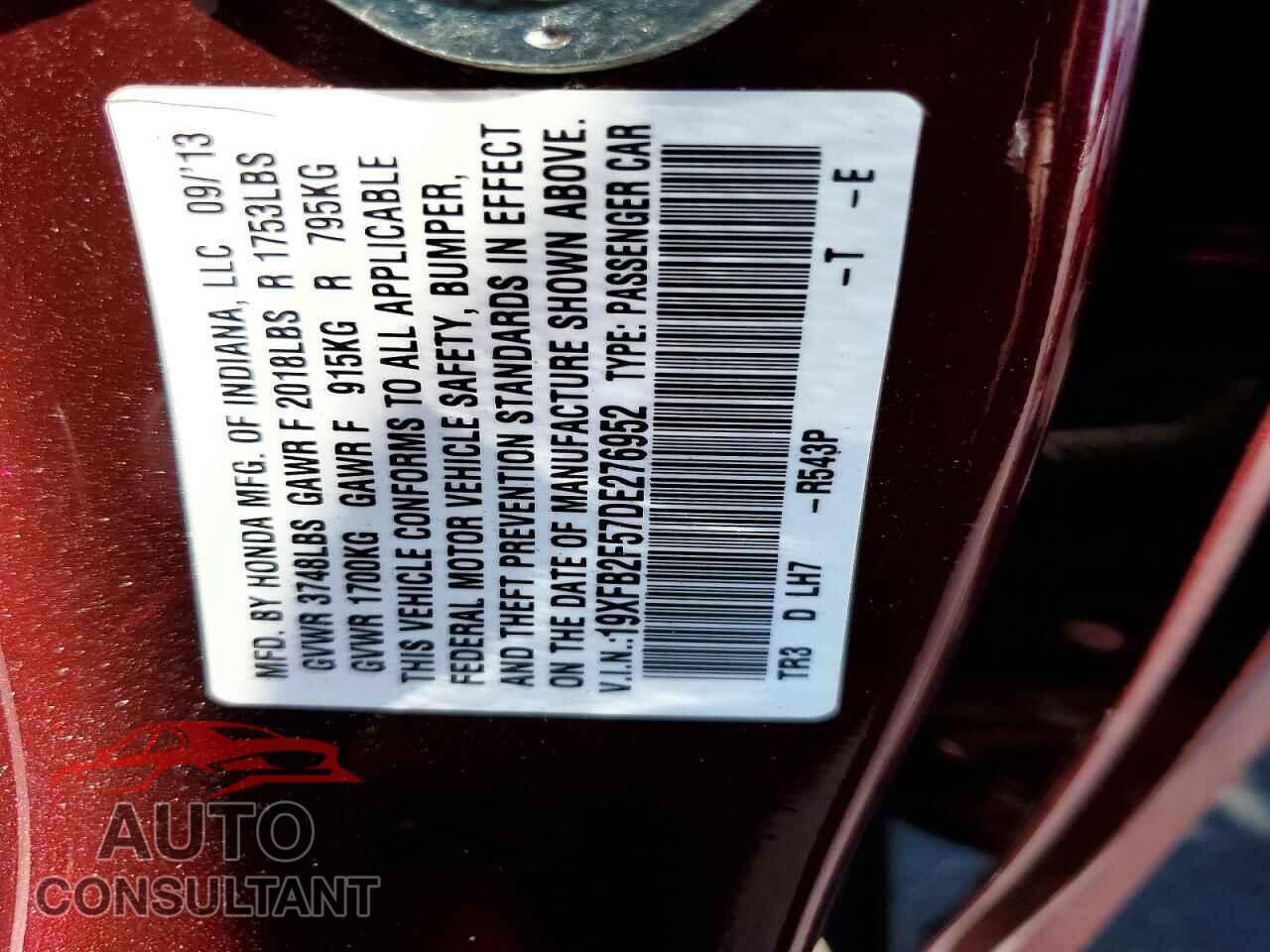 HONDA CIVIC 2013 - 19XFB2F57DE276952