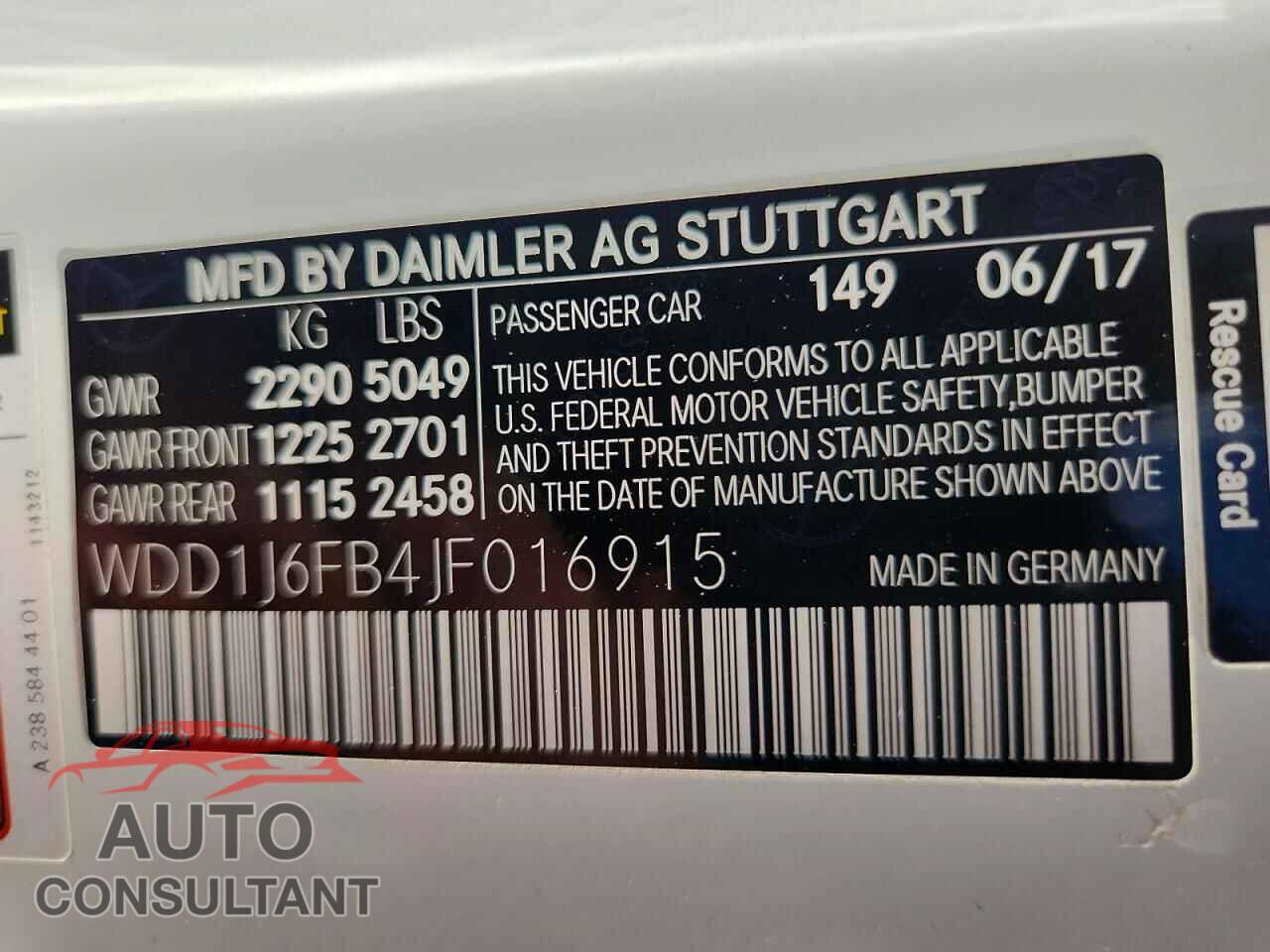 MERCEDES-BENZ E-CLASS 2018 - WDD1J6FB4JF016915