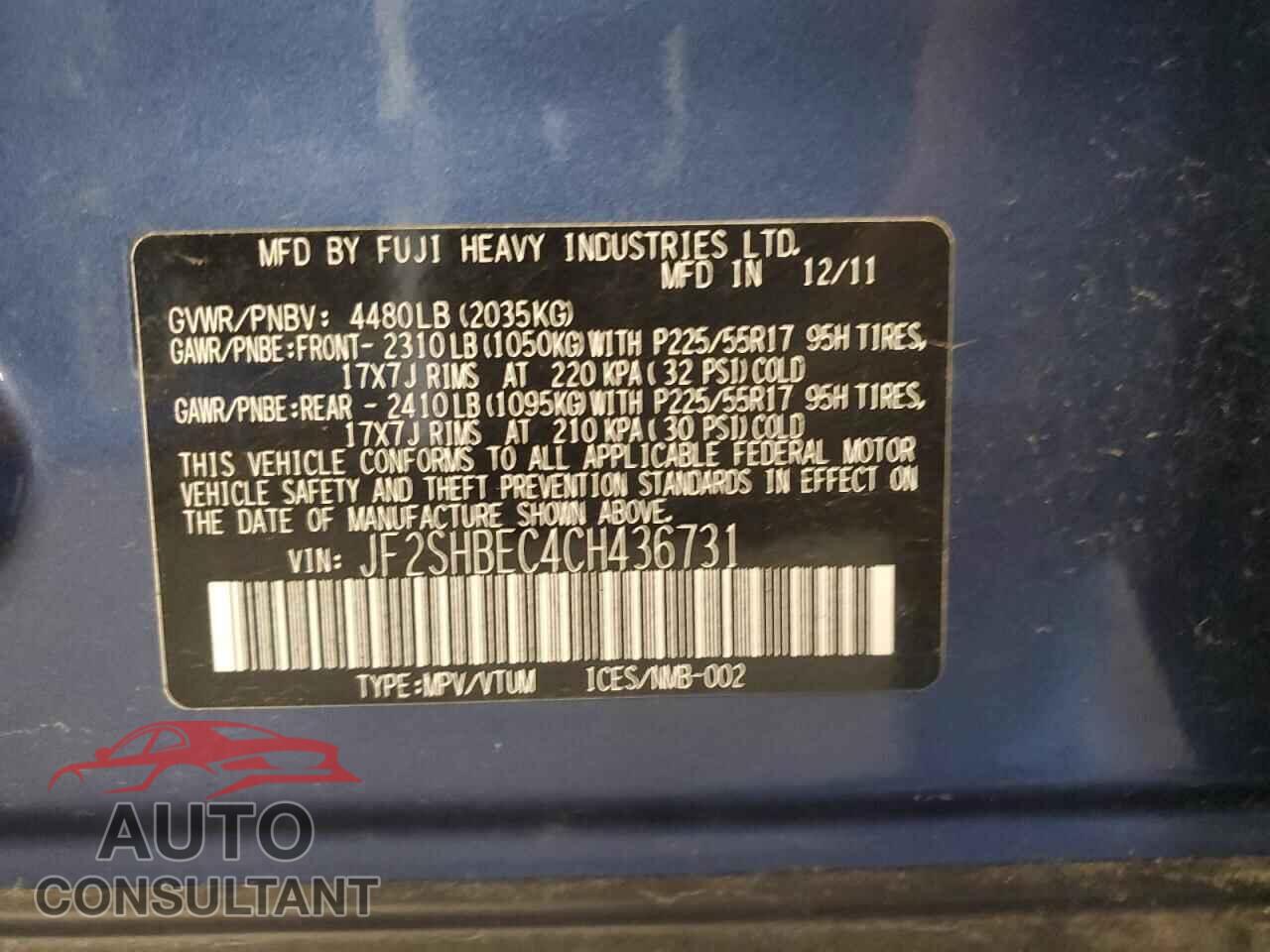 SUBARU FORESTER 2012 - JF2SHBEC4CH436731