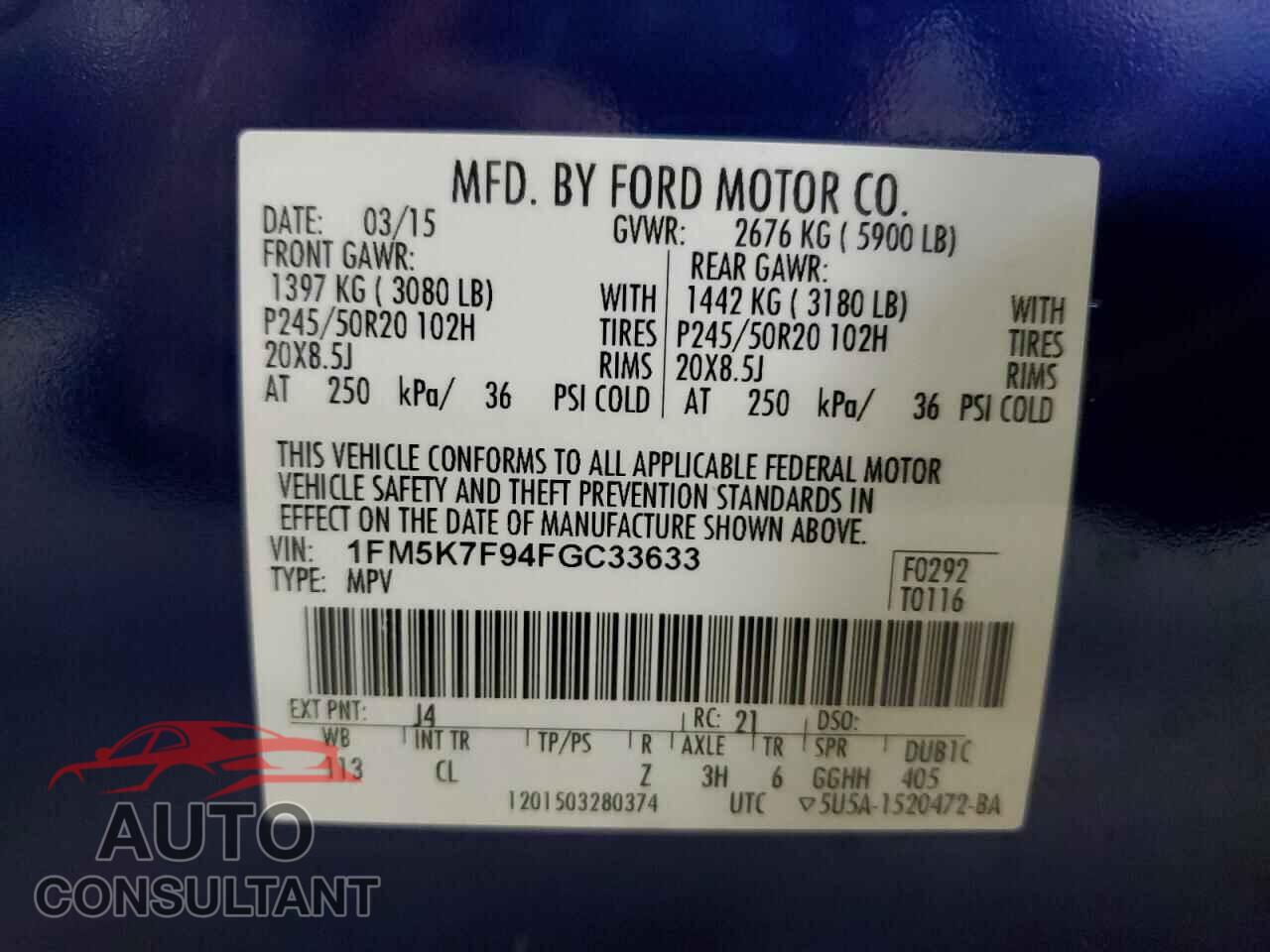 FORD EXPLORER 2015 - 1FM5K7F94FGC33633
