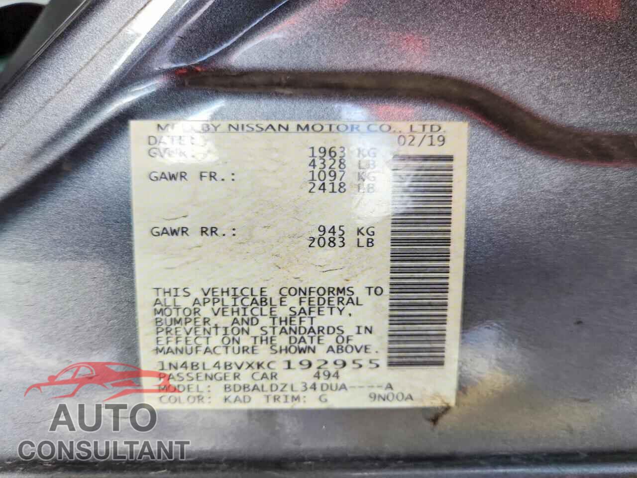 NISSAN ALTIMA 2019 - 1N4BL4BVXKC192955