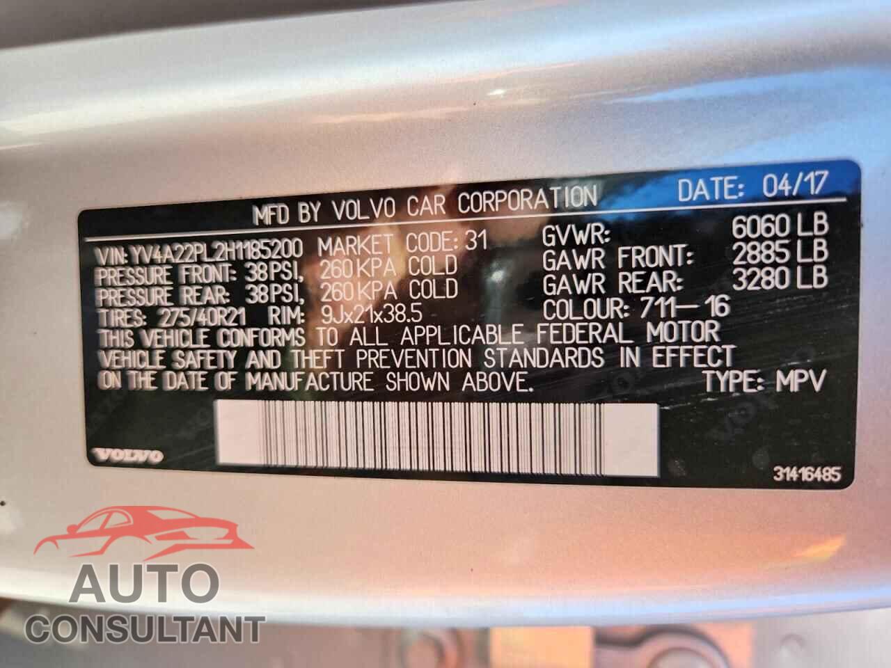 VOLVO XC90 2017 - YV4A22PL2H1185200