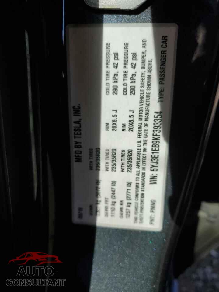 TESLA MODEL 3 2019 - 5YJ3E1EB9KF393354