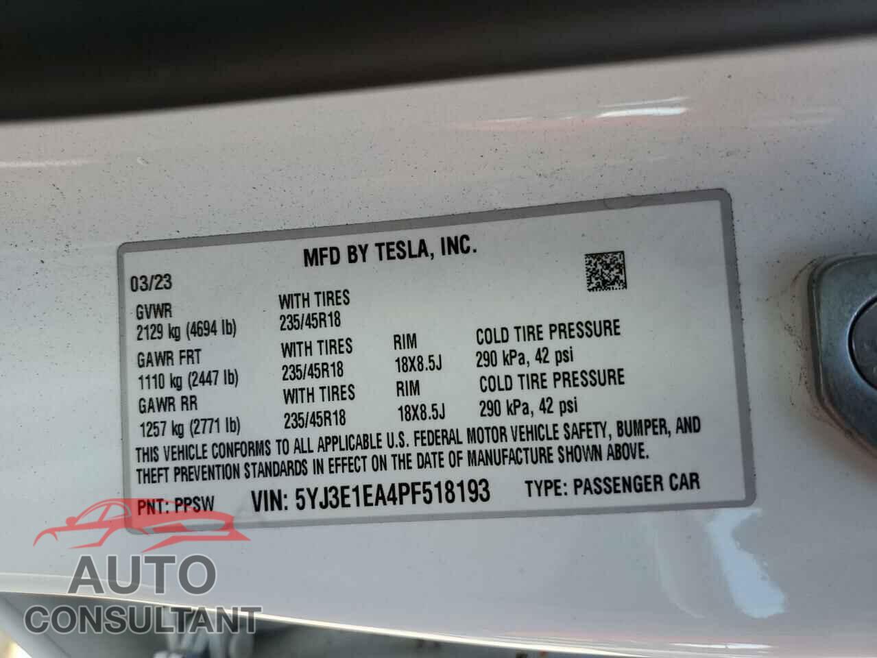 TESLA MODEL 3 2023 - 5YJ3E1EA4PF518193