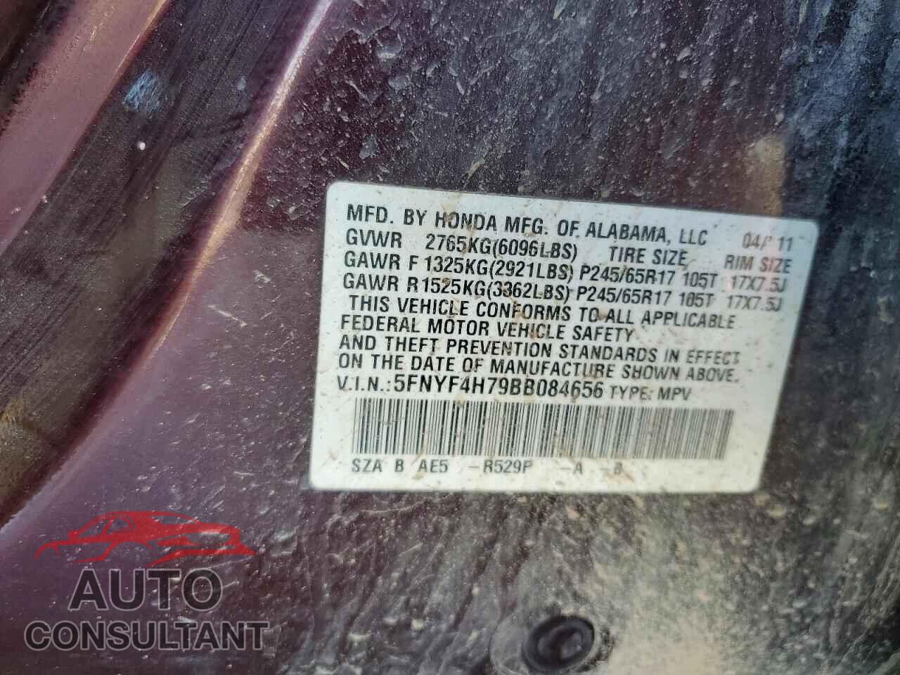 HONDA PILOT 2011 - 5FNYF4H79BB084656