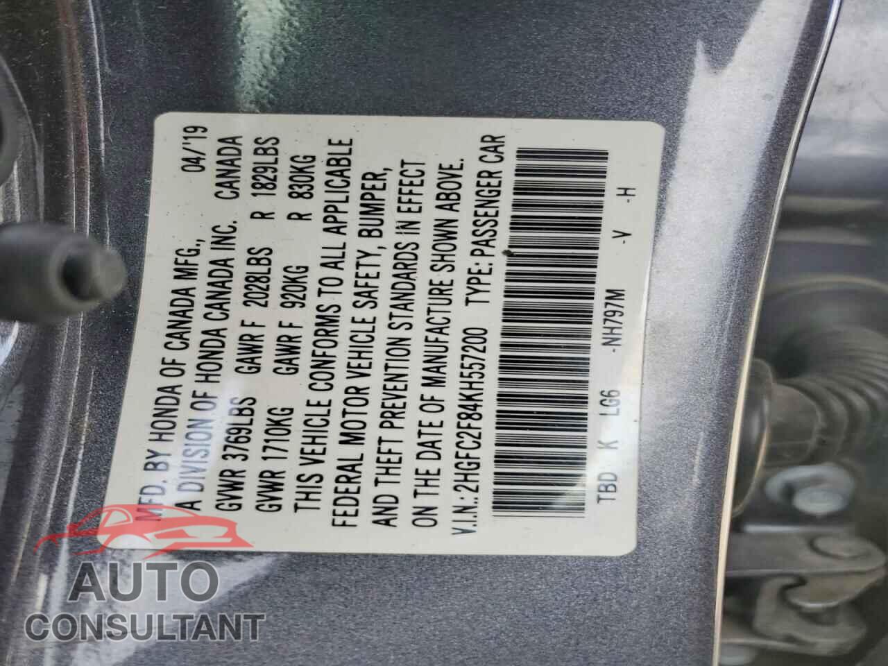 HONDA CIVIC 2019 - 2HGFC2F84KH557200
