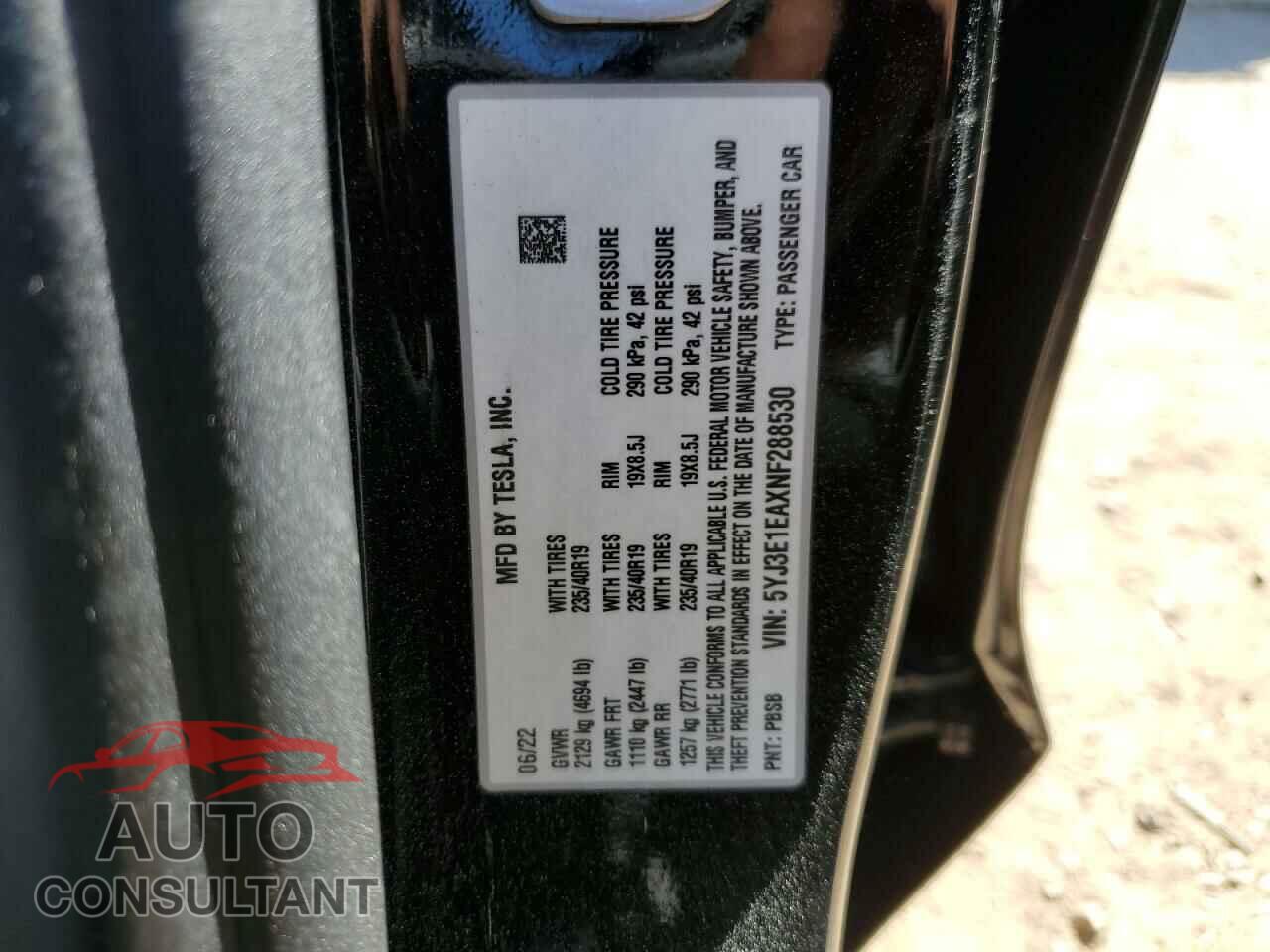 TESLA MODEL 3 2022 - 5YJ3E1EAXNF288530