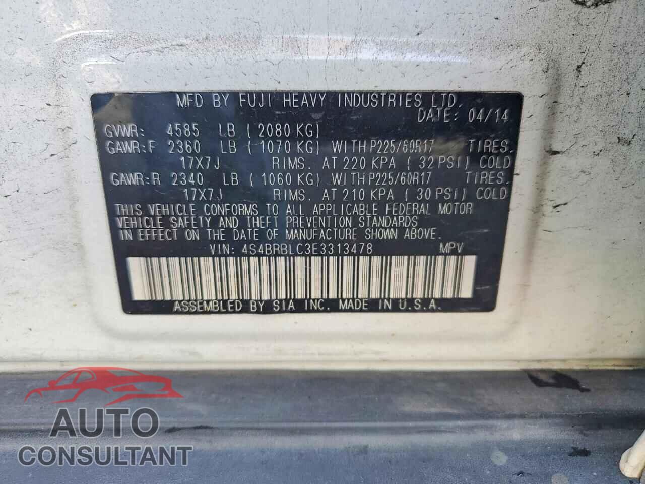 SUBARU OUTBACK 2014 - 4S4BRBLC3E3313478