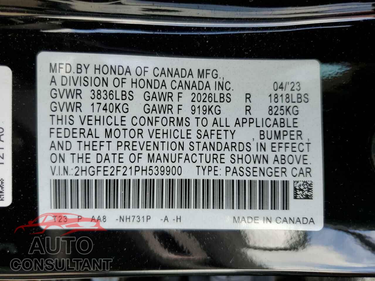 HONDA CIVIC 2023 - 2HGFE2F21PH539900