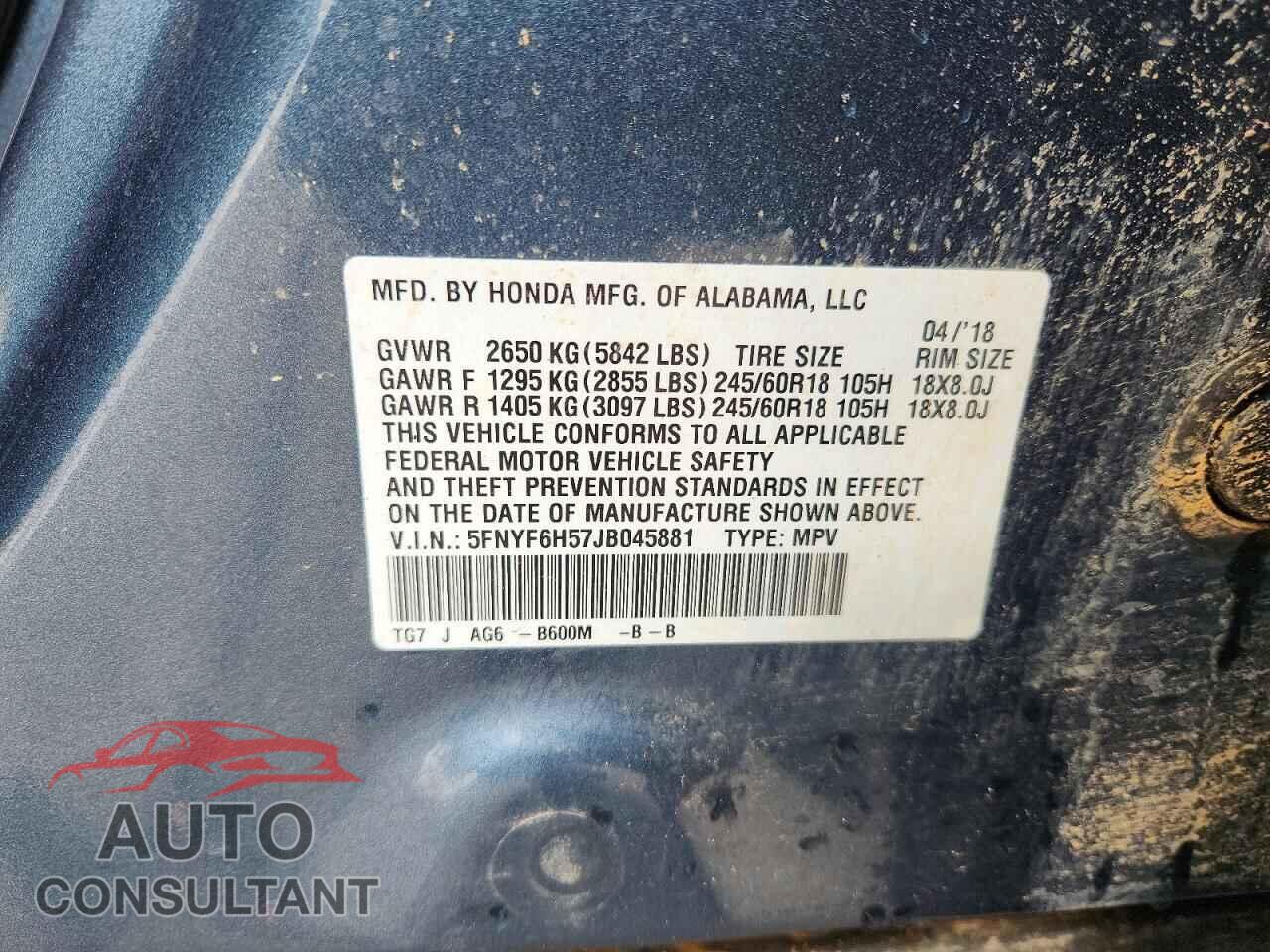 HONDA PILOT 2018 - 5FNYF6H57JB045881