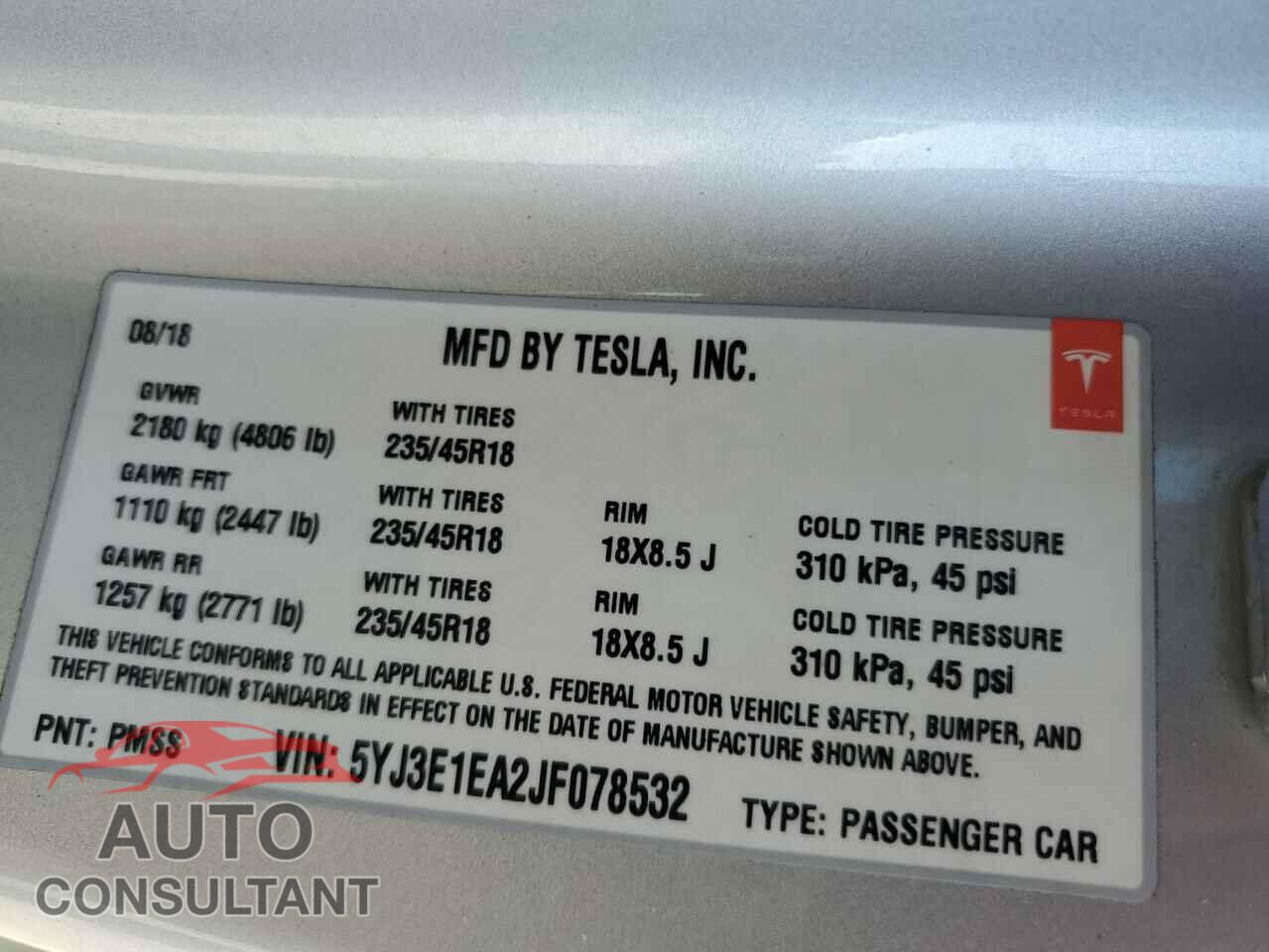 TESLA MODEL 3 2018 - 5YJ3E1EA2JF078532