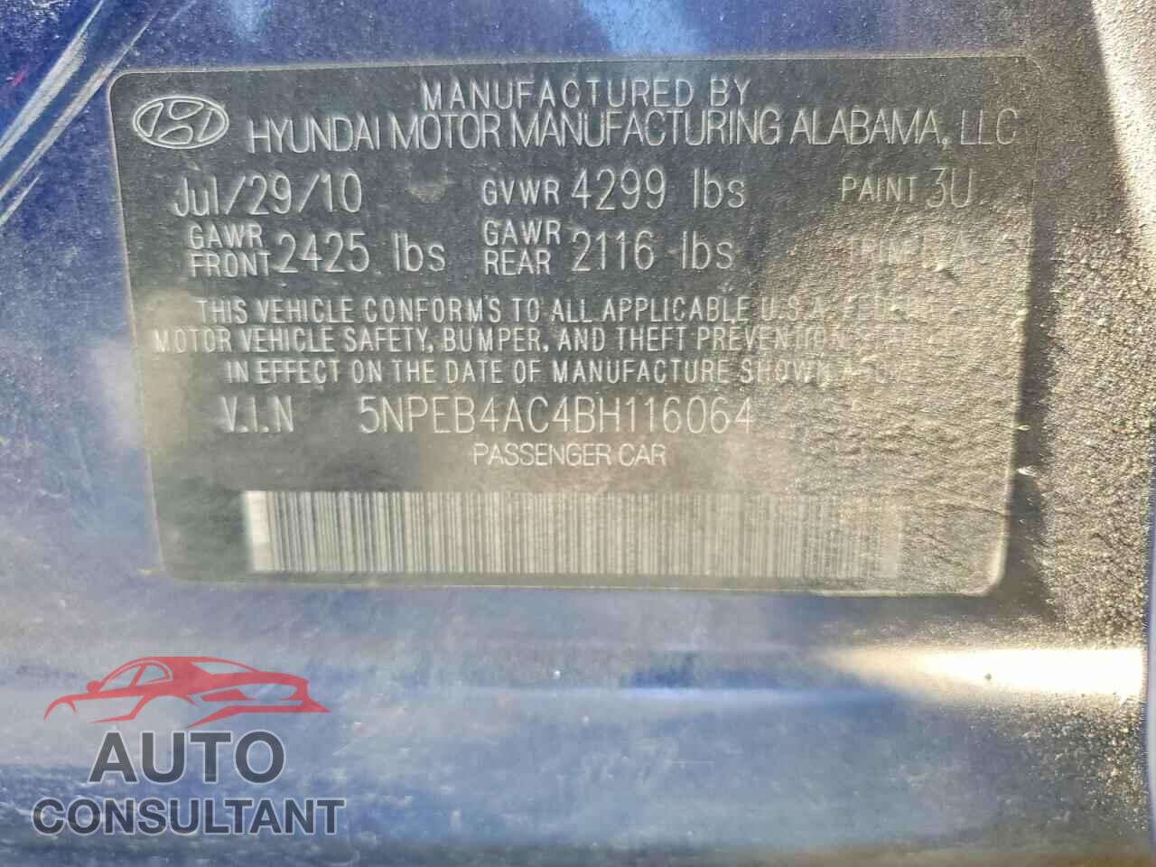 HYUNDAI SONATA 2011 - 5NPEB4AC4BH116064