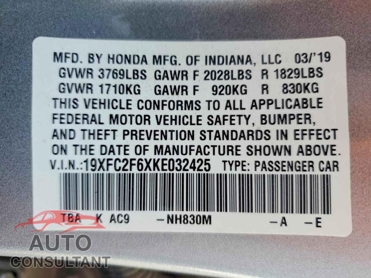 HONDA CIVIC 2019 - 19XFC2F6XKE032425