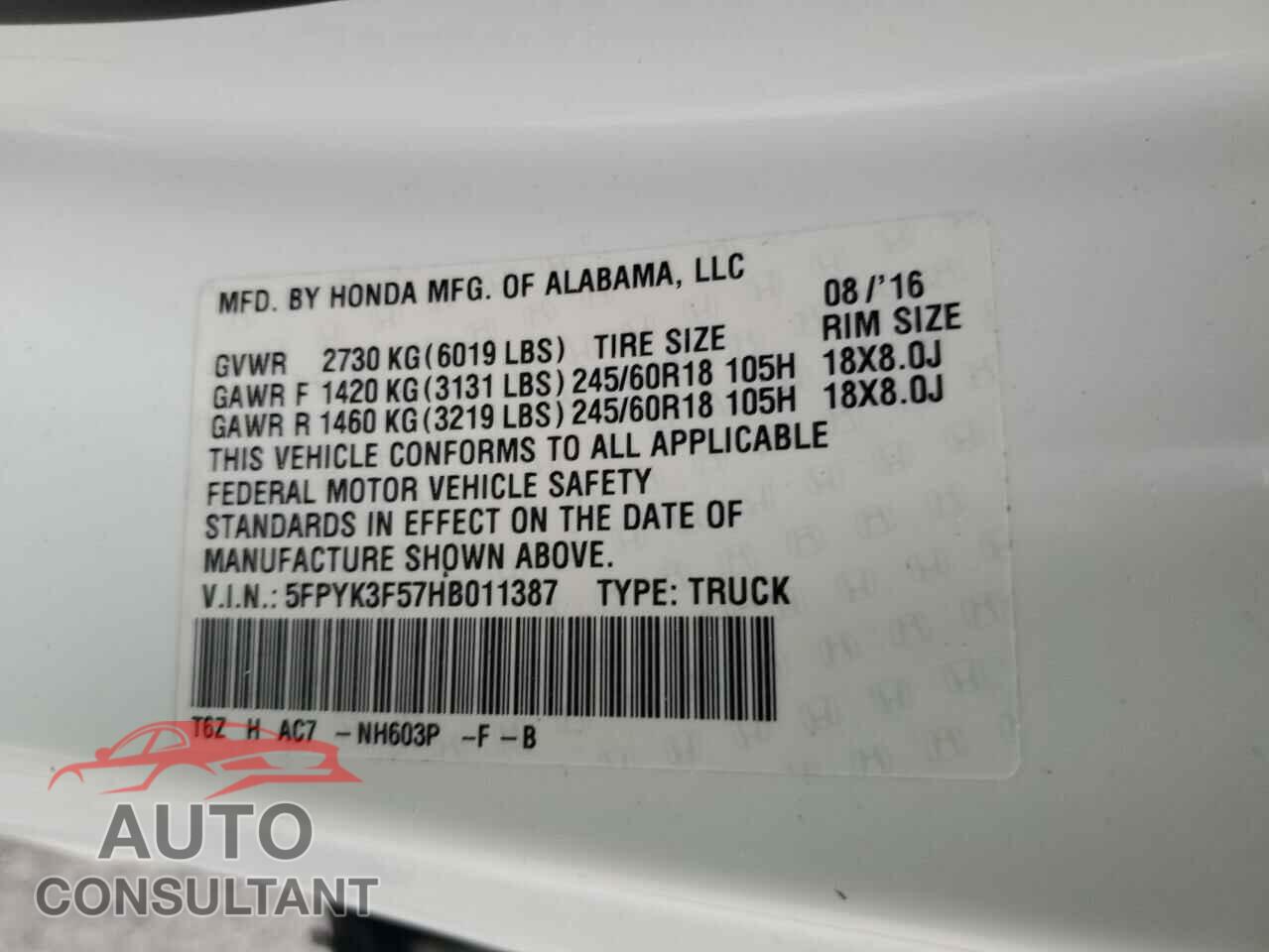 HONDA RIDGELINE 2017 - 5FPYK3F57HB011387