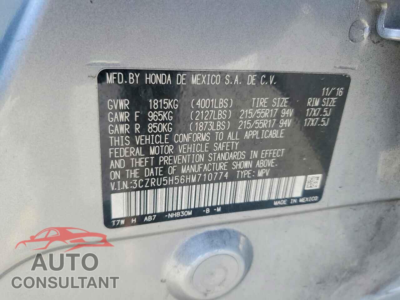 HONDA HR-V 2017 - 3CZRU5H56HM710774