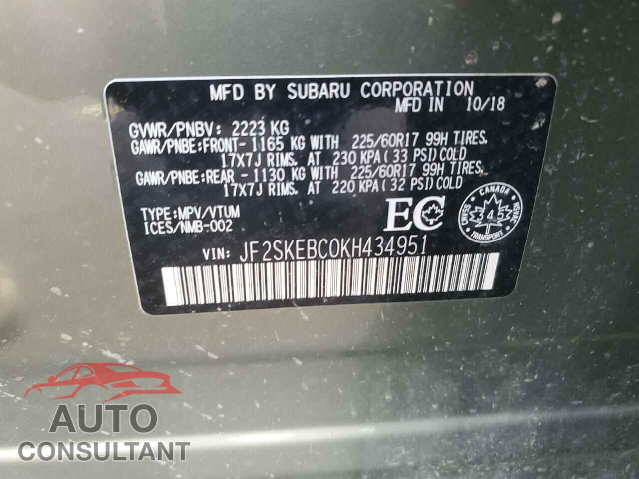SUBARU FORESTER 2019 - JF2SKEBC0KH434951