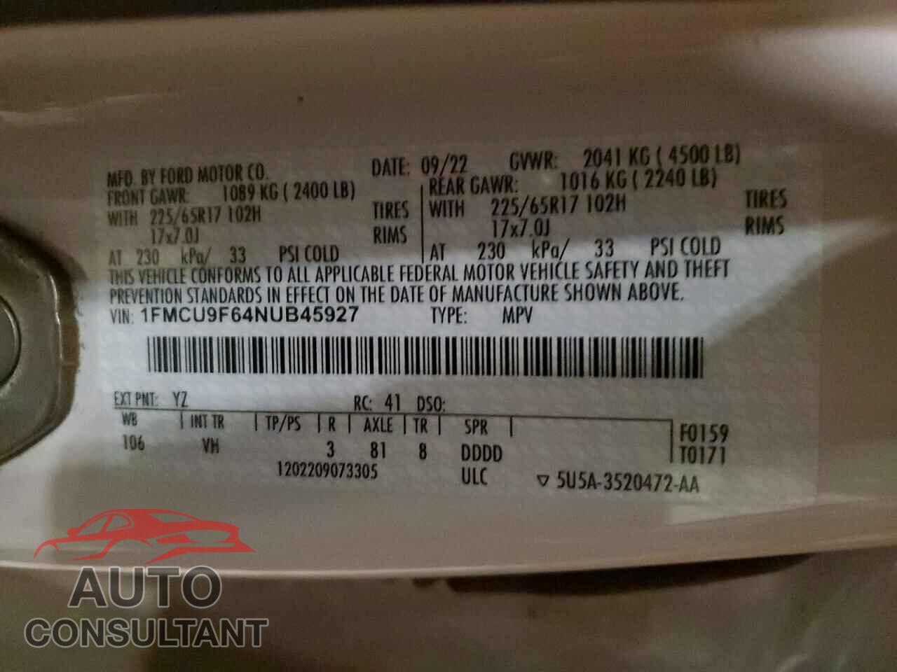 FORD ESCAPE 2022 - 1FMCU9F64NUB45927