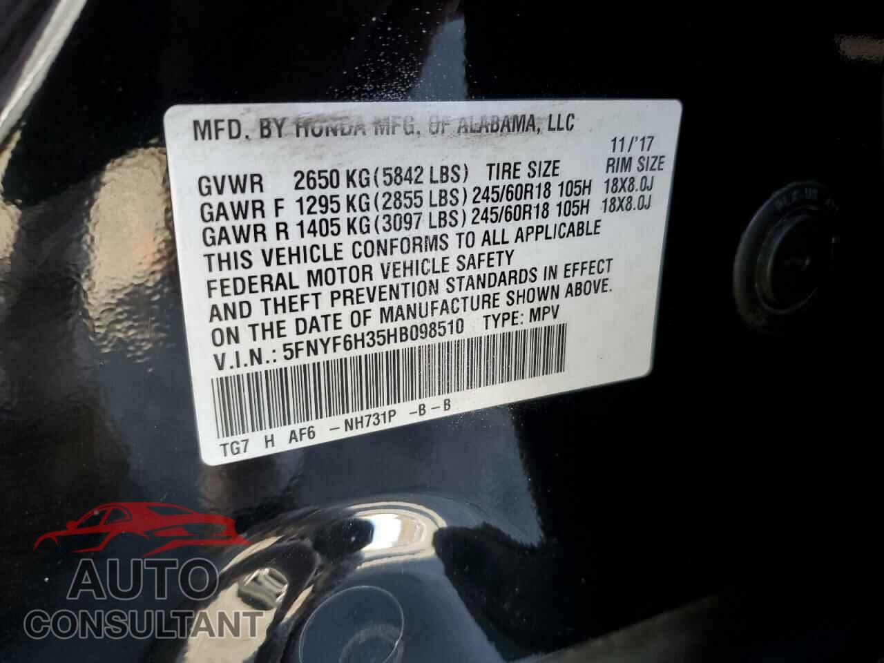 HONDA PILOT 2017 - 5FNYF6H35HB098510