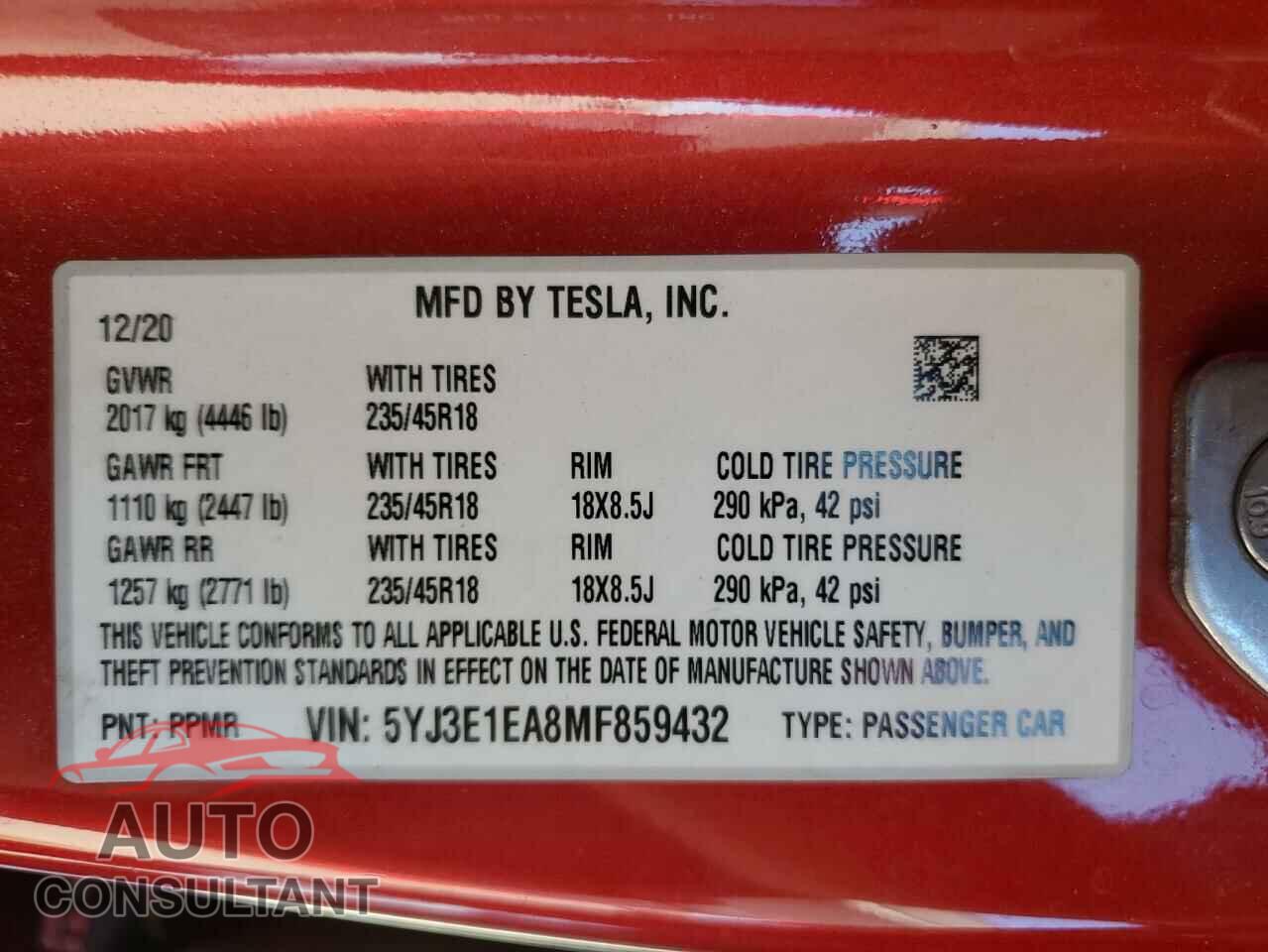 TESLA MODEL 3 2021 - 5YJ3E1EA8MF859432