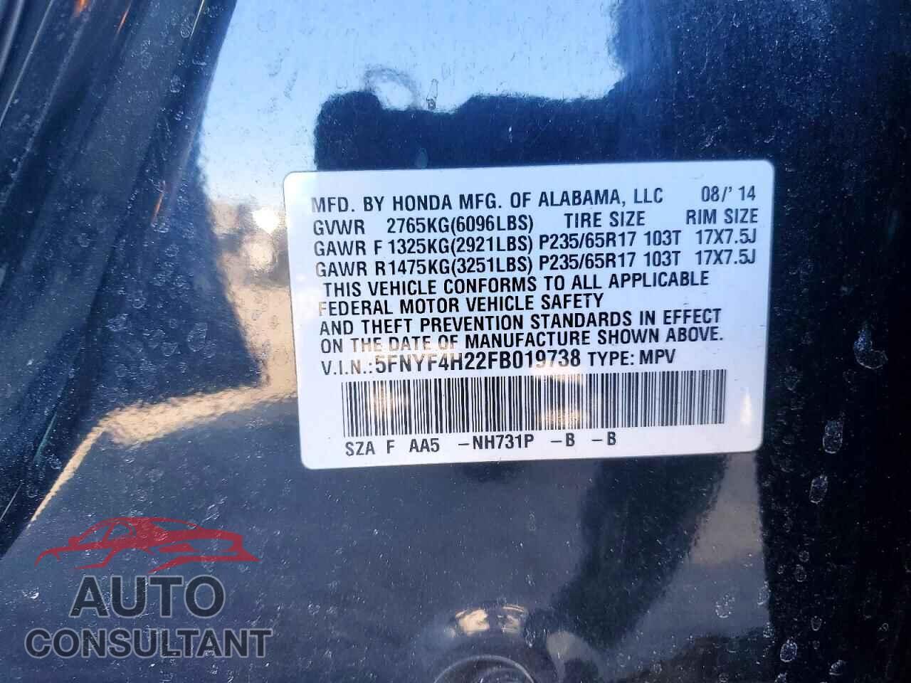 HONDA PILOT 2015 - 5FNYF4H22FB019738