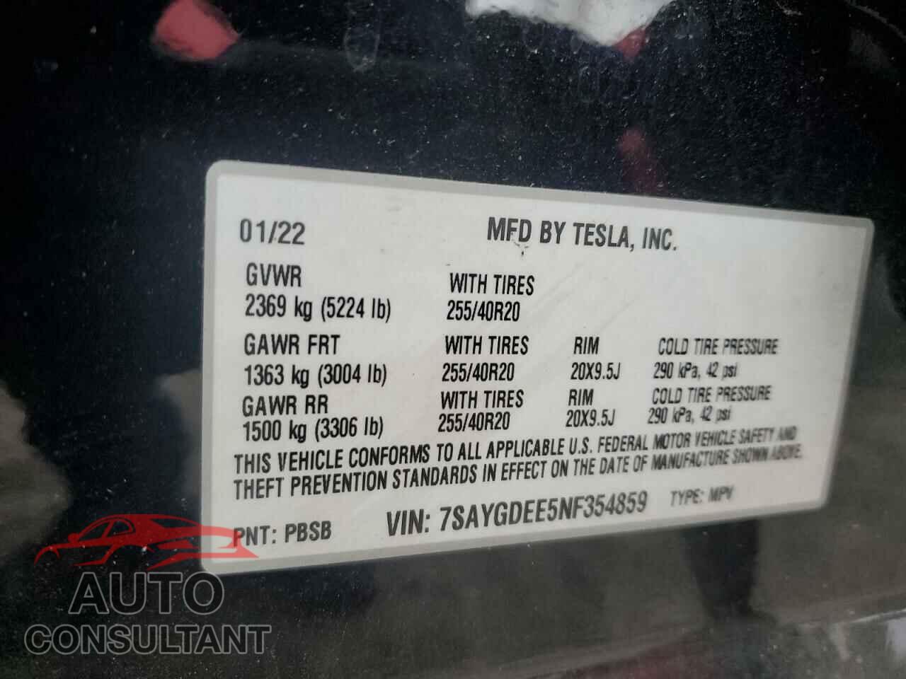 TESLA MODEL Y 2022 - 7SAYGDEE5NF354859