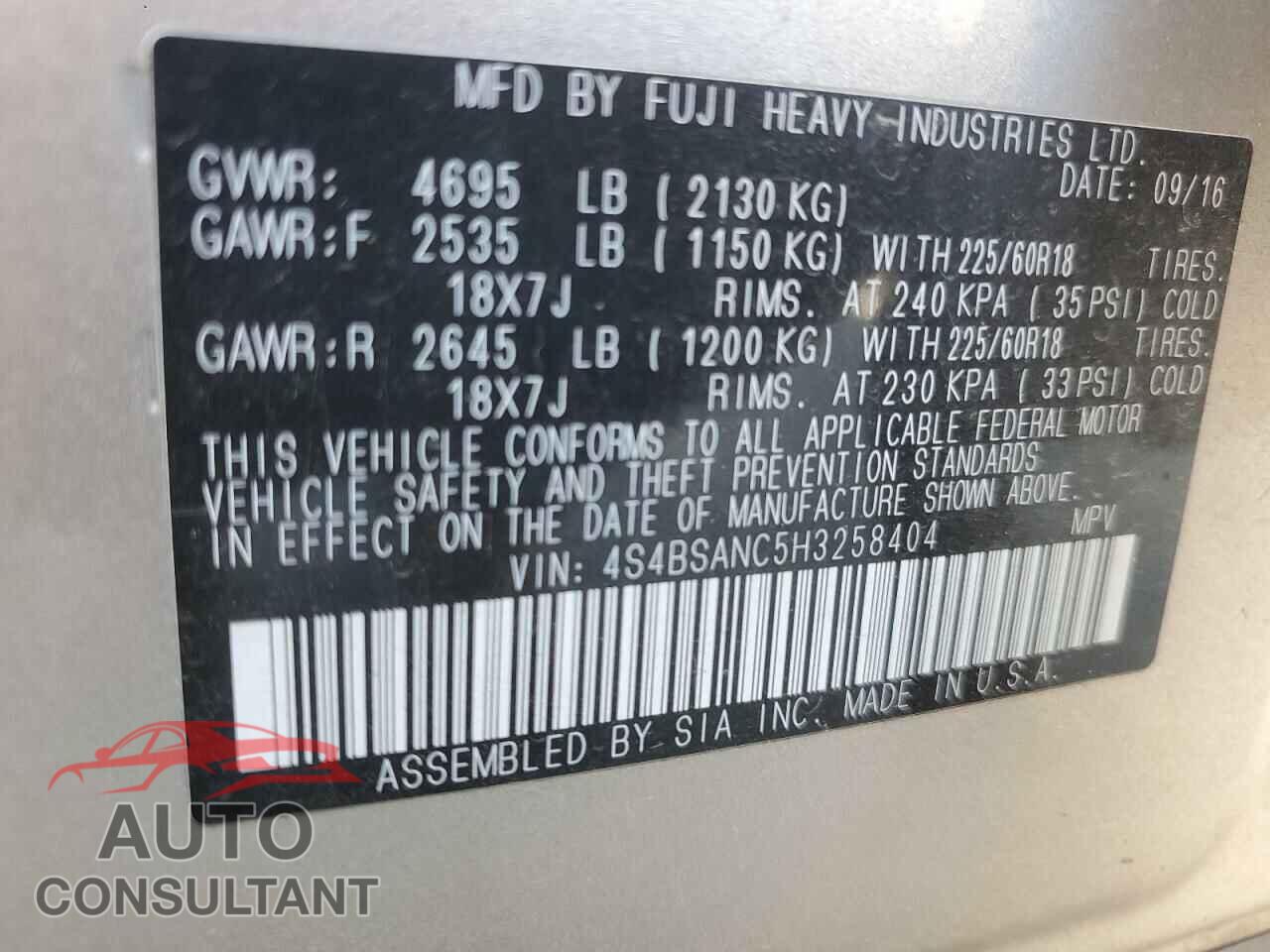 SUBARU OUTBACK 2017 - 4S4BSANC5H3258404