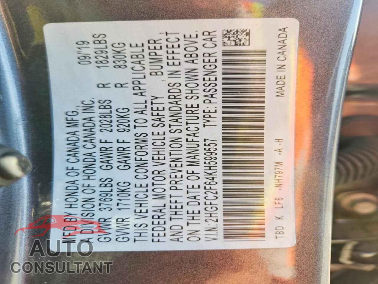 HONDA CIVIC 2019 - 2HGFC2F64KH599557