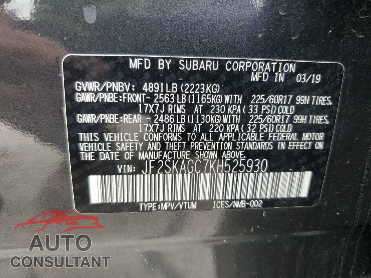SUBARU FORESTER 2019 - JF2SKAGC7KH525930