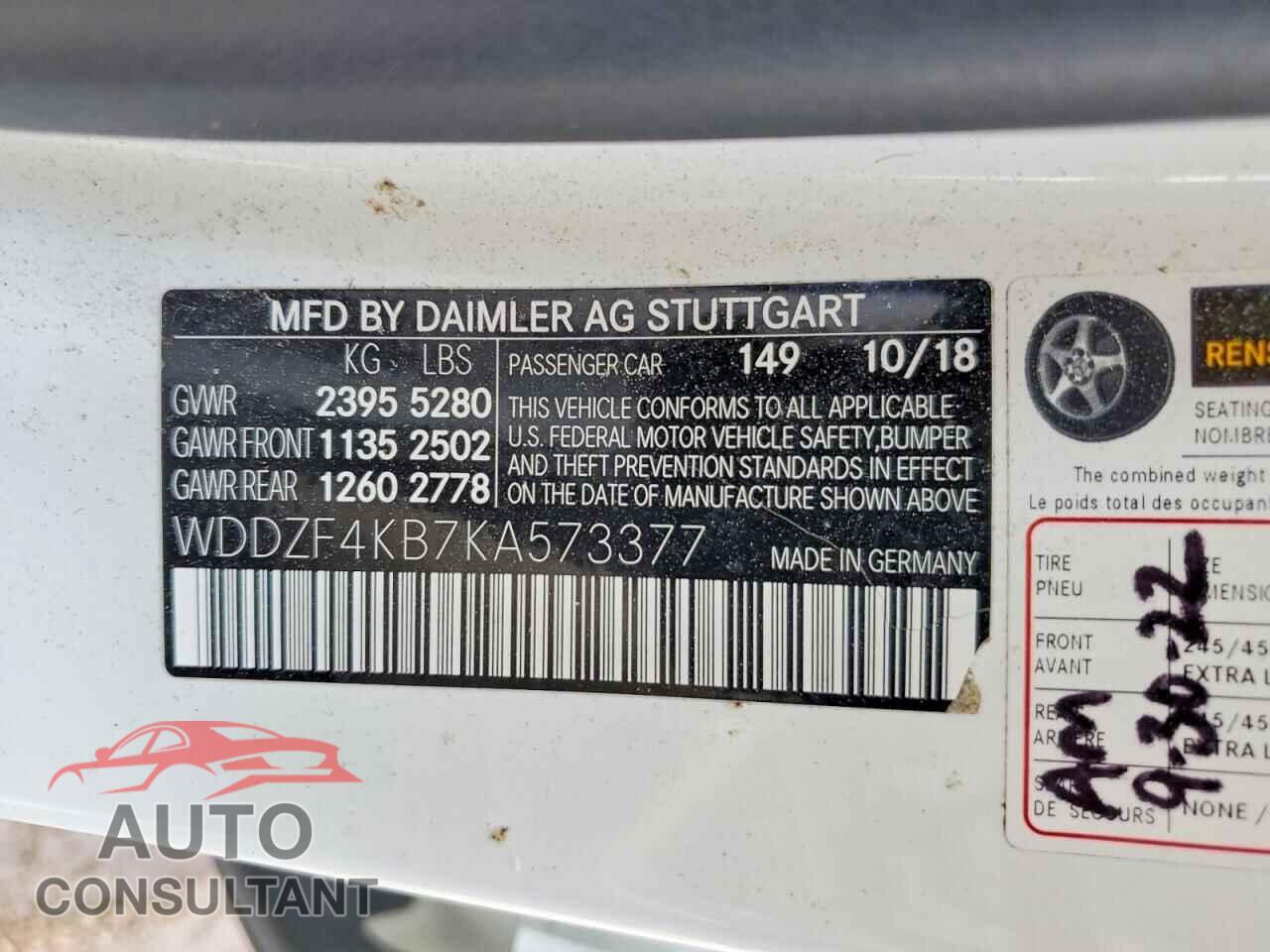 MERCEDES-BENZ E-CLASS 2019 - WDDZF4KB7KA573377