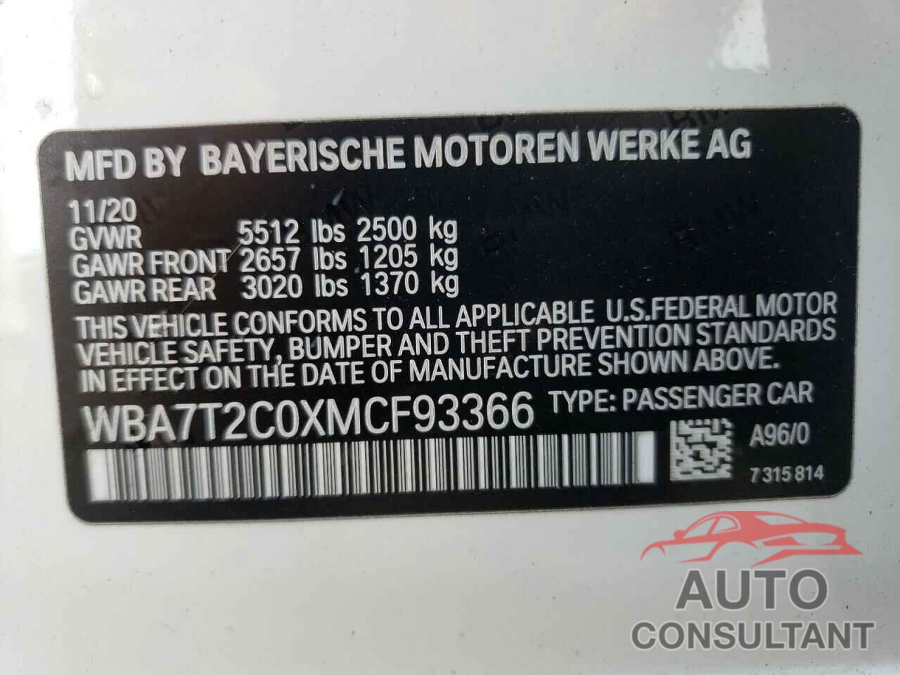 BMW 7 SERIES 2021 - WBA7T2C0XMCF93366