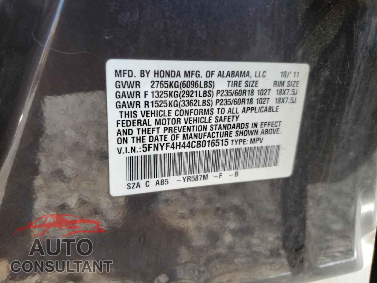 HONDA PILOT 2012 - 5FNYF4H44CB016515