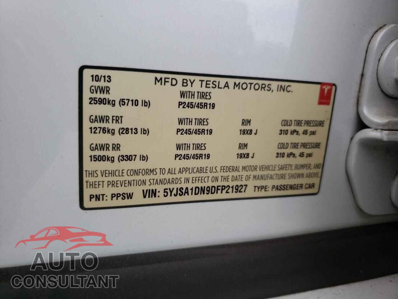TESLA MODEL S 2013 - 5YJSA1DN9DFP21927