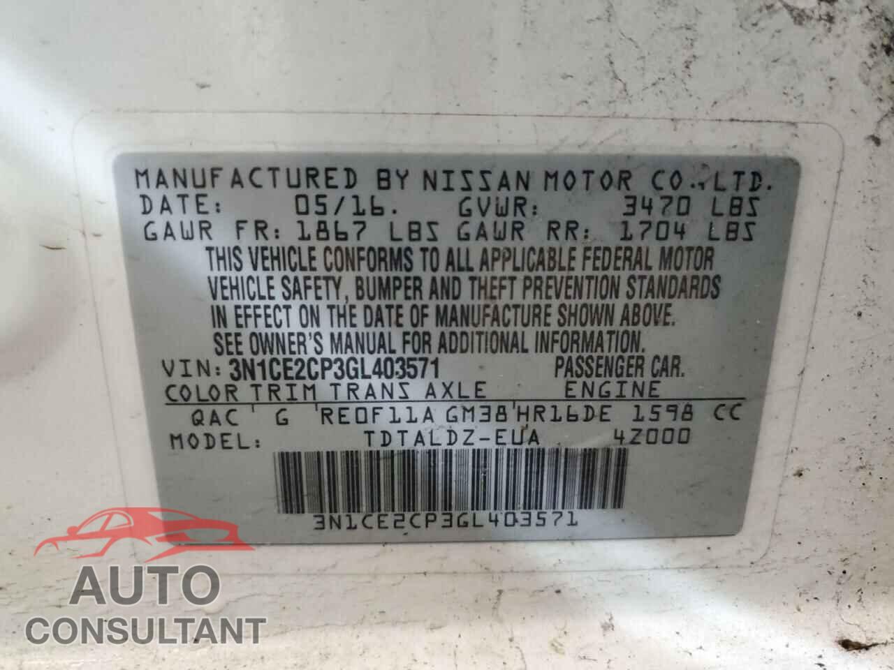 NISSAN VERSA 2016 - 3N1CE2CP3GL403571