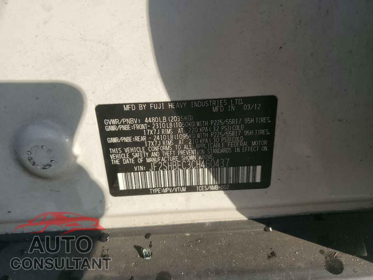 SUBARU FORESTER 2012 - JF2SHBEC3CH460437