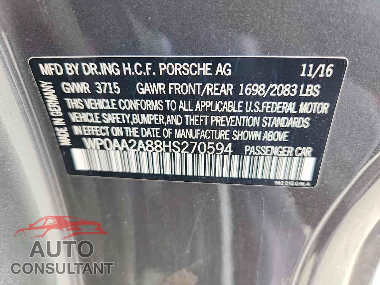 PORSCHE CAYMAN 2017 - WP0AA2A88HS270594
