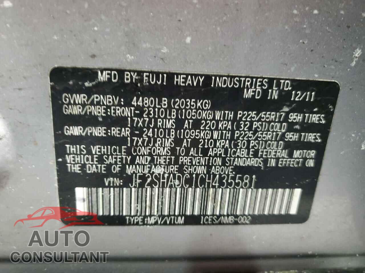 SUBARU FORESTER 2012 - JF2SHADC1CH435581