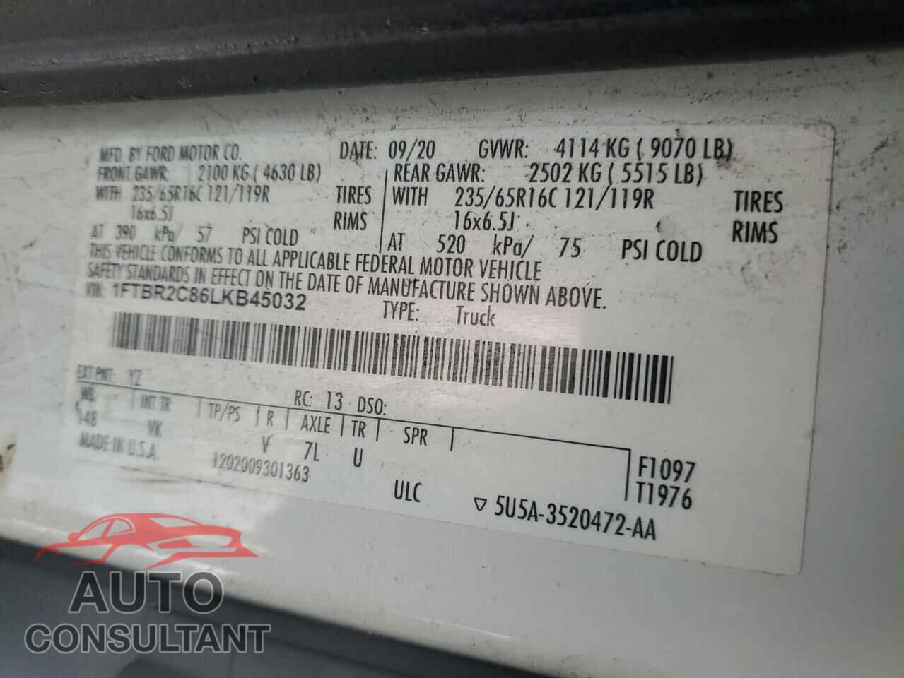 FORD TRANSIT 2020 - 1FTBR2C86LKB45032