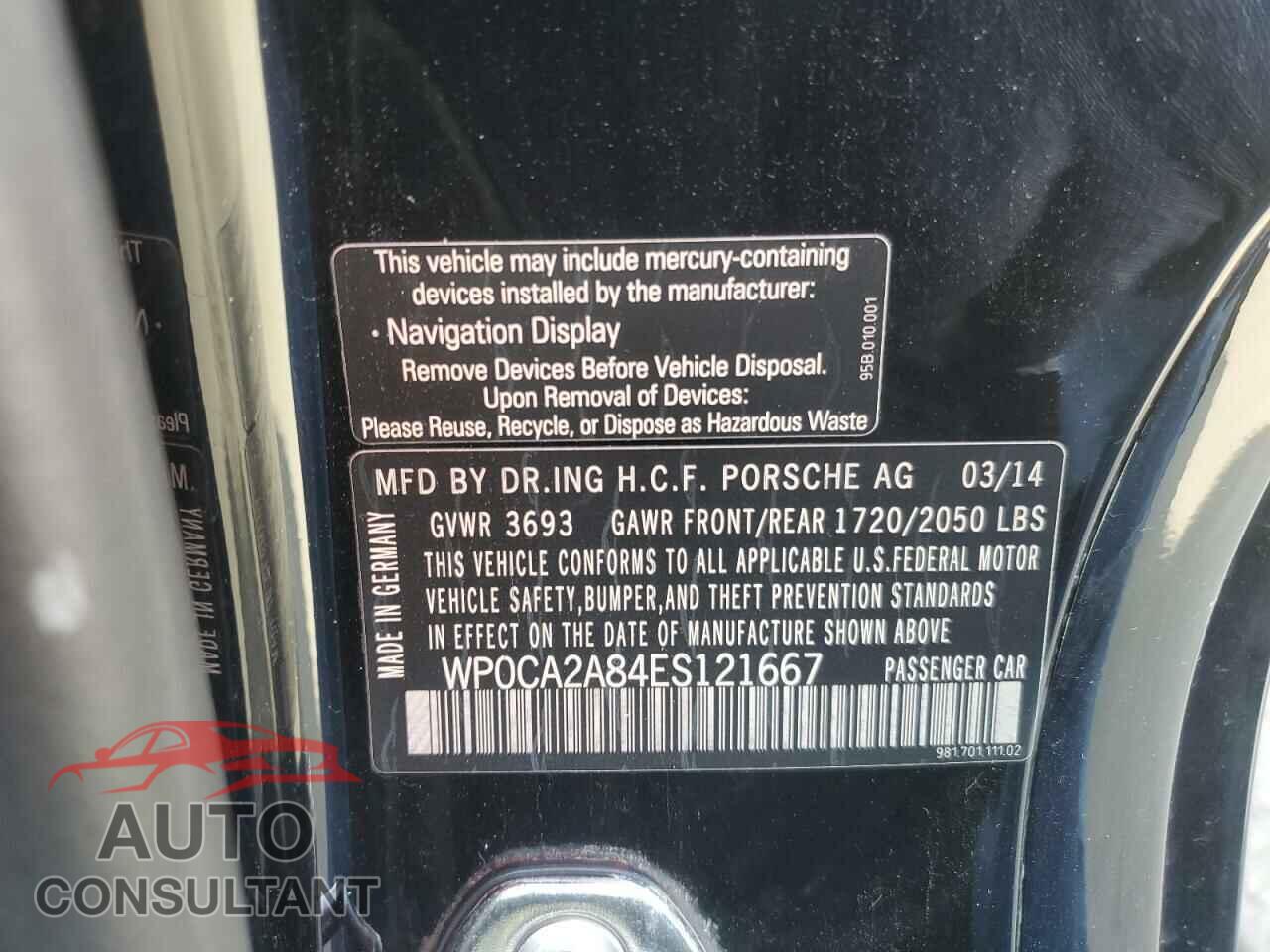 PORSCHE BOXSTER 2014 - WP0CA2A84ES121667