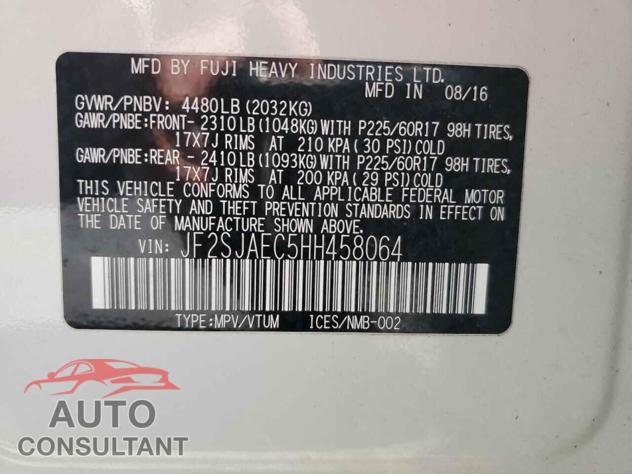 SUBARU FORESTER 2017 - JF2SJAEC5HH458064