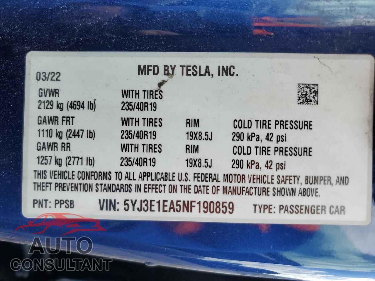 TESLA MODEL 3 2022 - 5YJ3E1EA5NF190859
