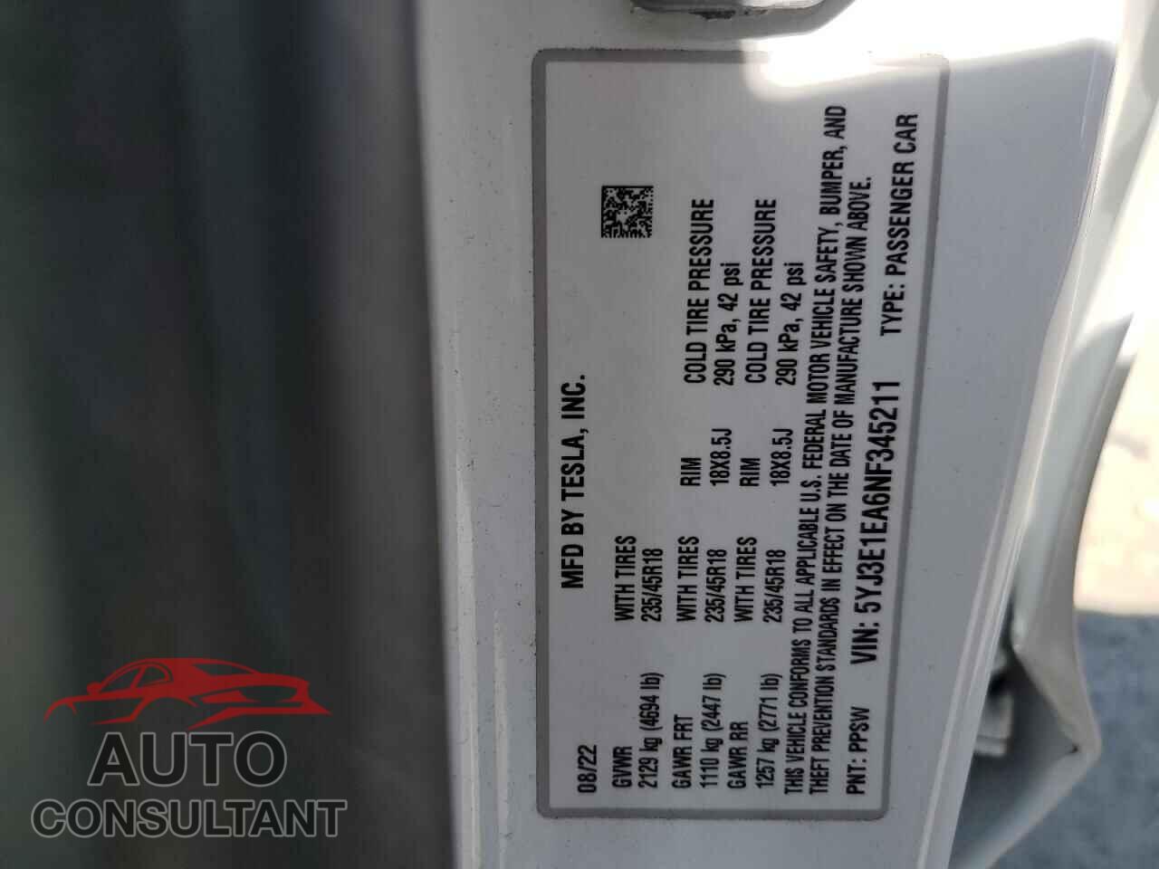 TESLA MODEL 3 2022 - 5YJ3E1EA6NF345211