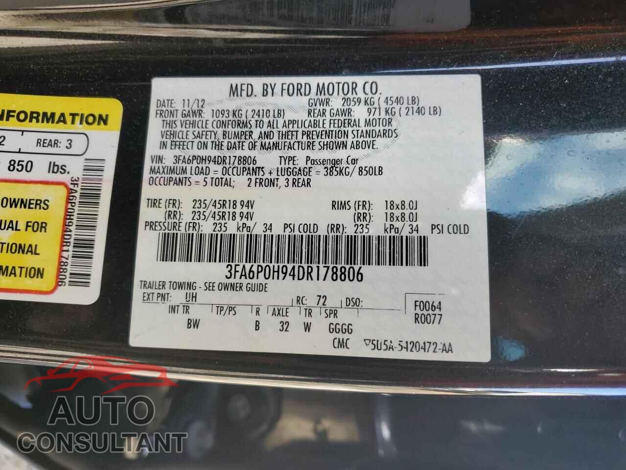 FORD FUSION 2013 - 3FA6P0H94DR178806