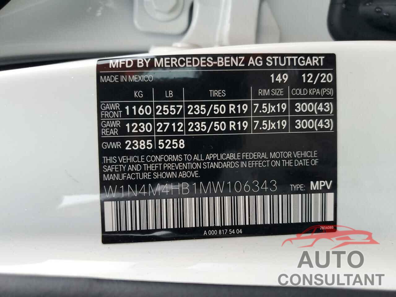 MERCEDES-BENZ GLB-CLASS 2021 - W1N4M4HB1MW106343