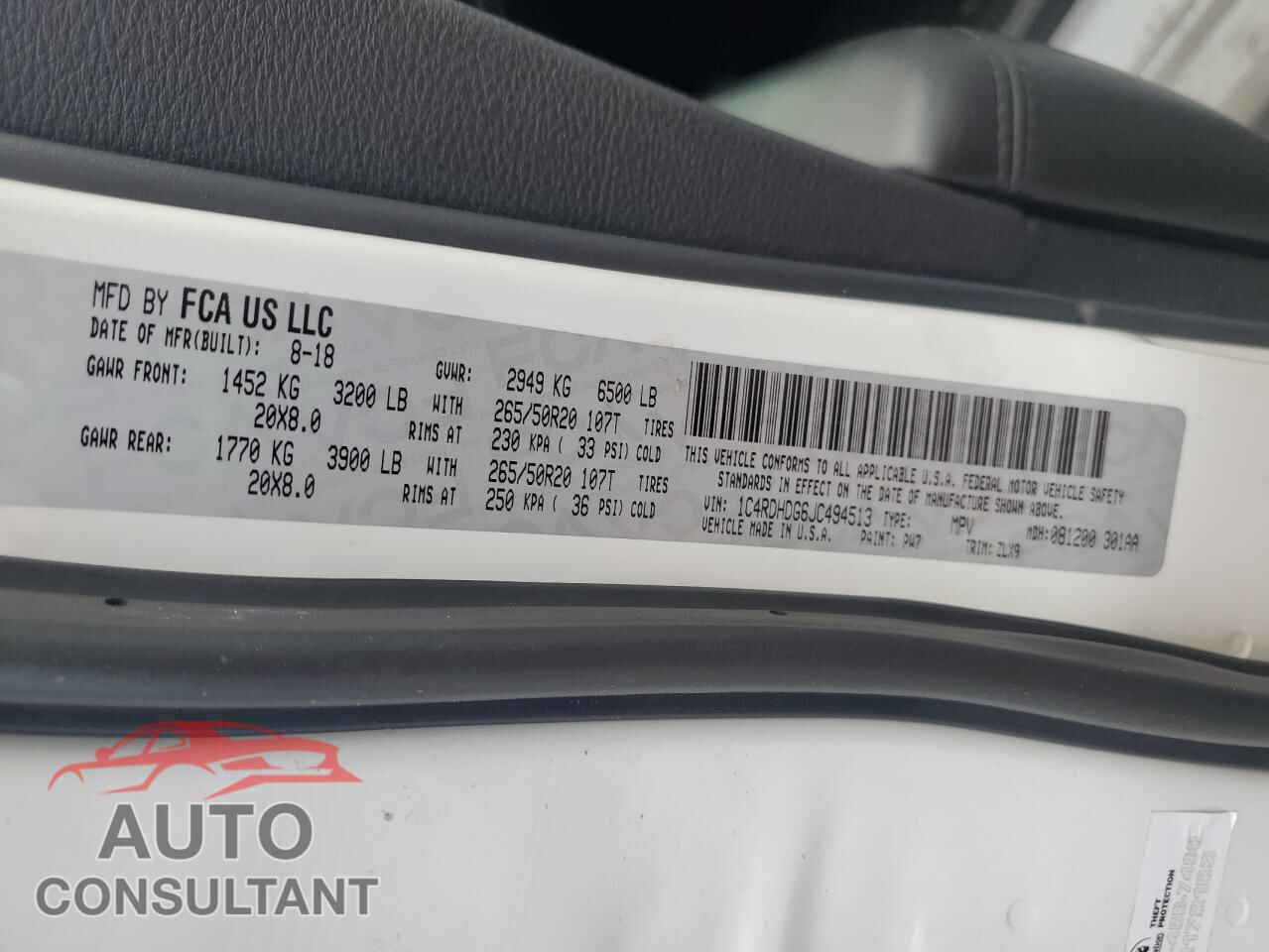 DODGE DURANGO 2018 - 1C4RDHDG6JC494513
