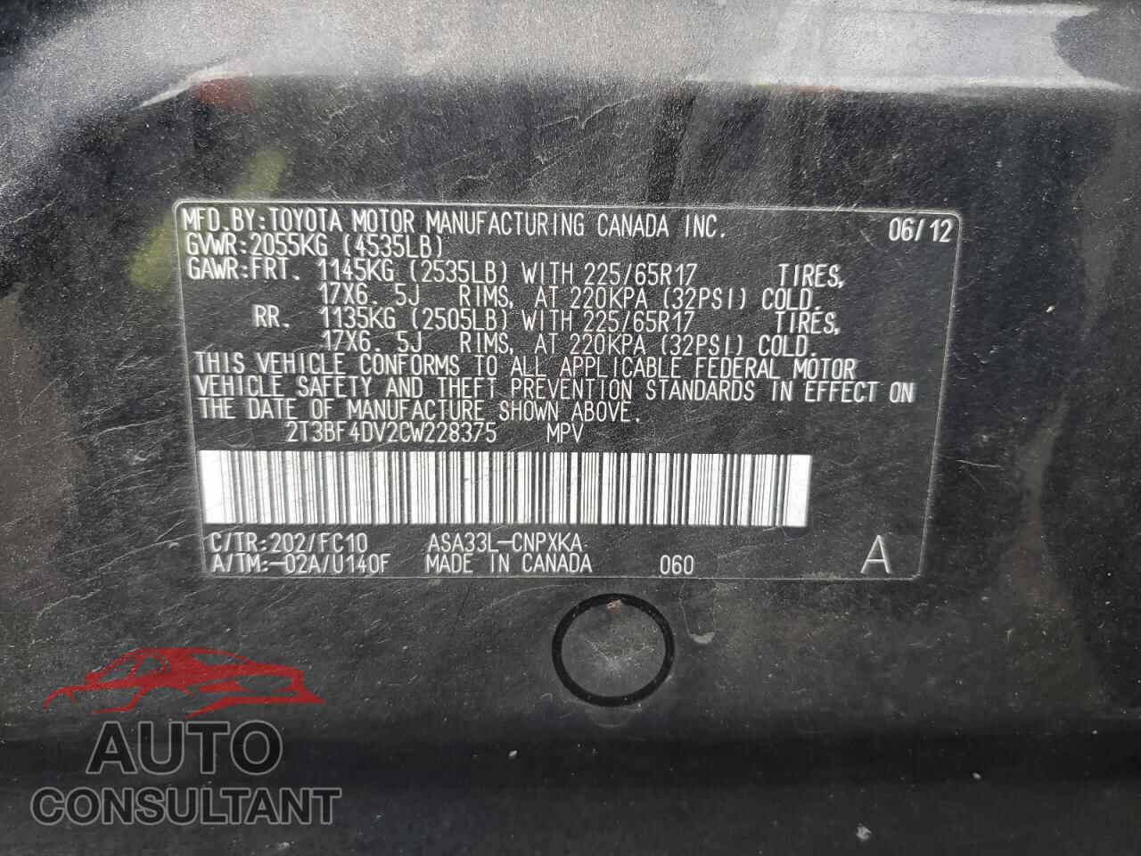 TOYOTA RAV4 2012 - 2T3BF4DV2CW228375