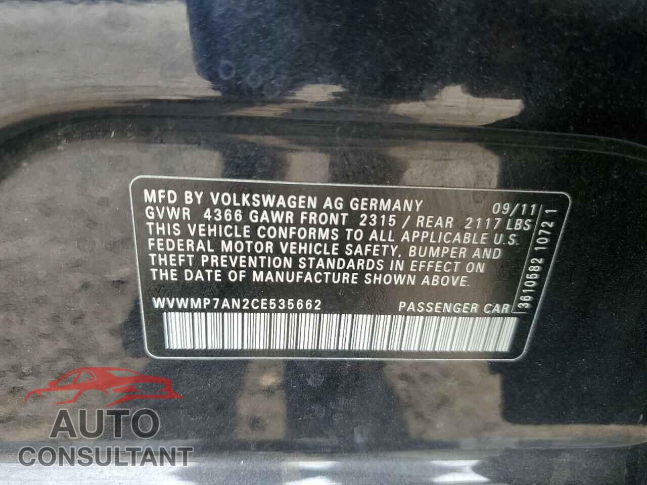 VOLKSWAGEN CC 2012 - WVWMP7AN2CE535662