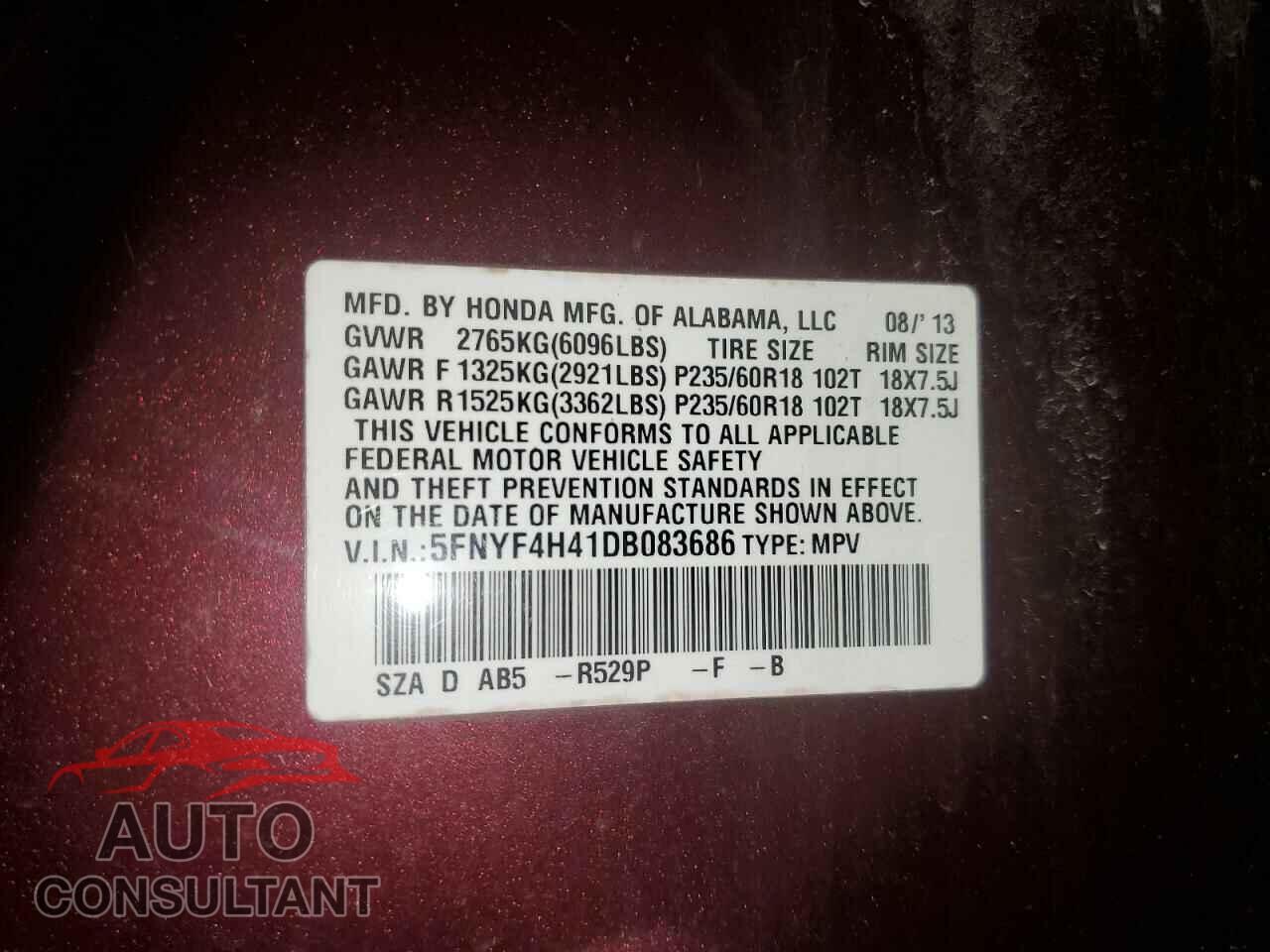 HONDA PILOT 2013 - 5FNYF4H41DB083686