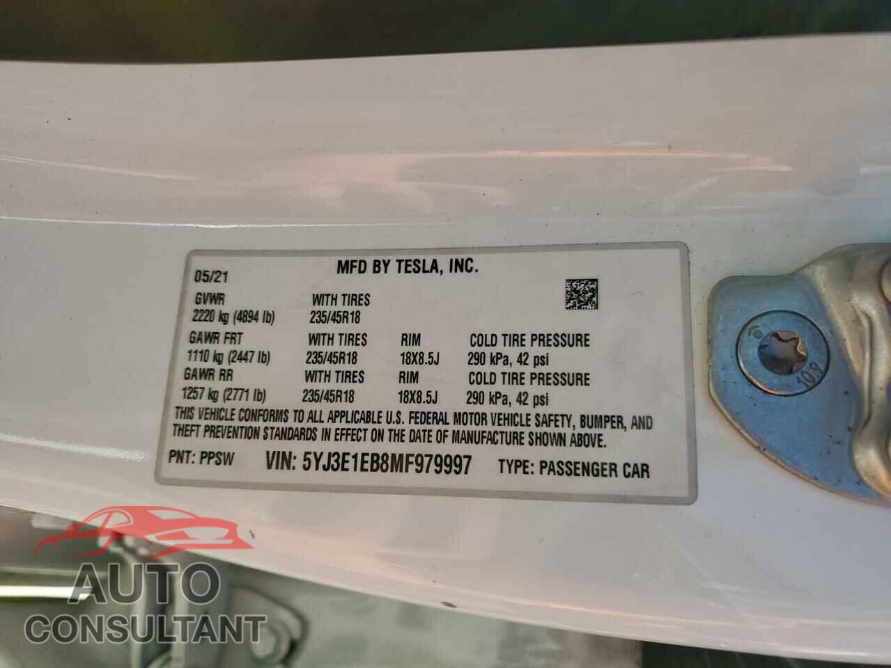 TESLA MODEL 3 2021 - 5YJ3E1EB8MF979997
