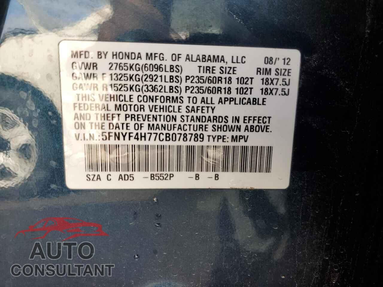 HONDA PILOT 2012 - 5FNYF4H77CB078789